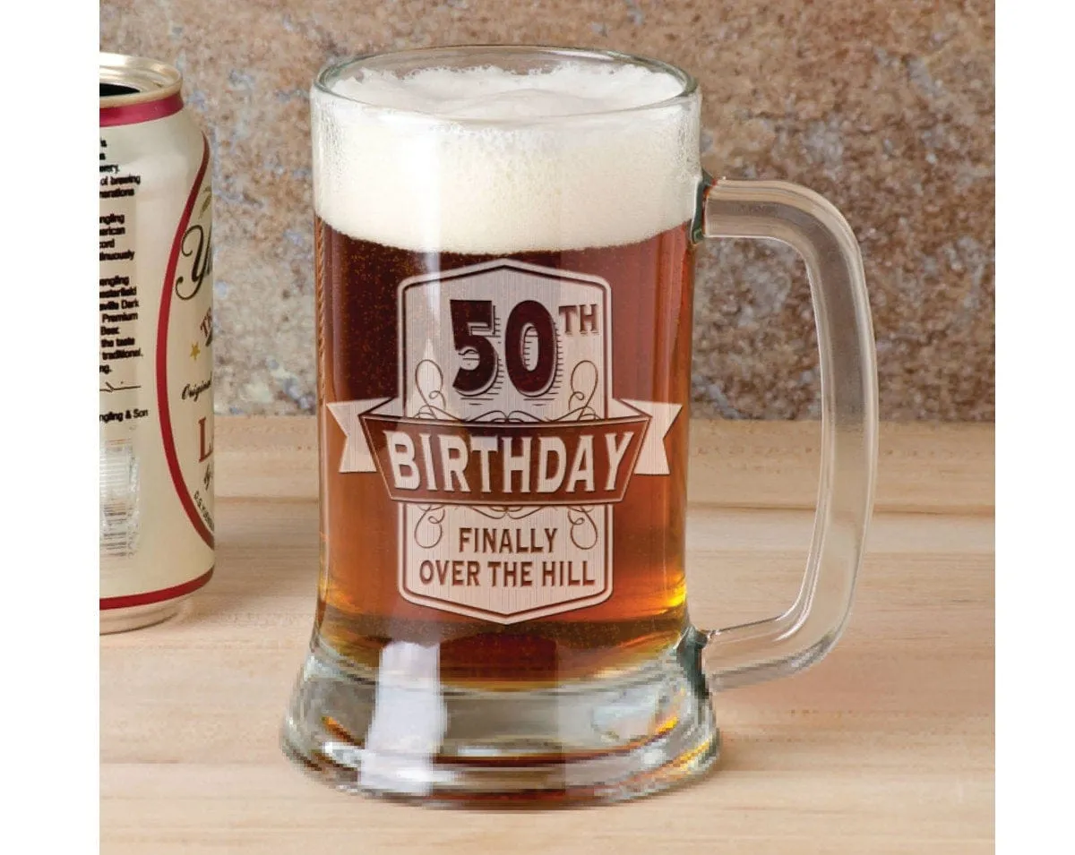 50th Birthday FInally over the Hill Funny Gag 16Oz Beer Stein Mug Engraved Father Gift Idea Etched Birthday from Son Daugther Present