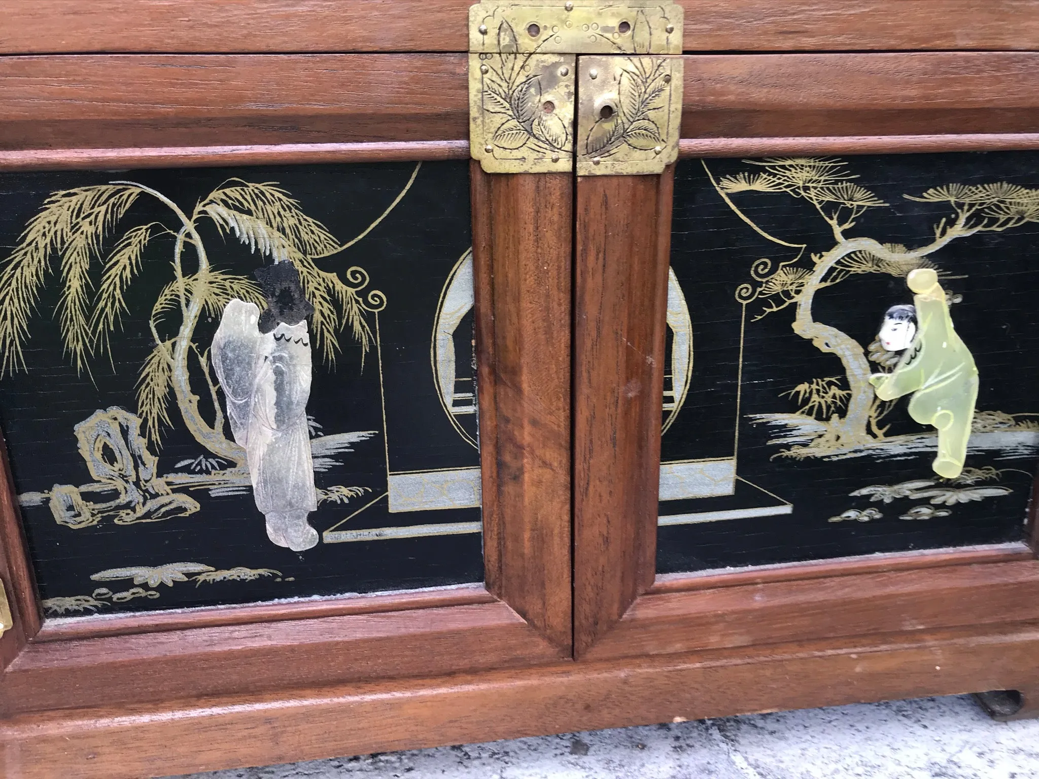 Antique Asian Oriental Wood Carved Red Jewelry Trinket Box Mirror Drawers Rare