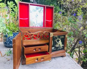 Antique Asian Oriental Wood Carved Red Jewelry Trinket Box Mirror Drawers Rare