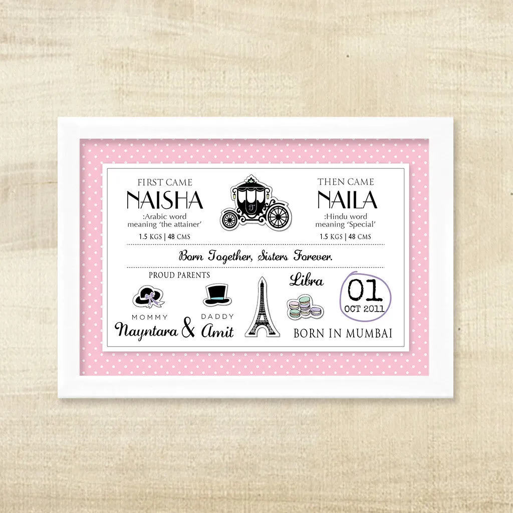 Birth Memory Frame for Twin Girls <br> Parisian