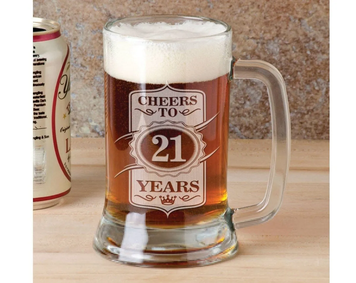 Cheers to 21 Years 16 Oz Beer Glass Mug Stein Engraved Gift Idea Etched Birthday Gift Son Daugther Friend  Present