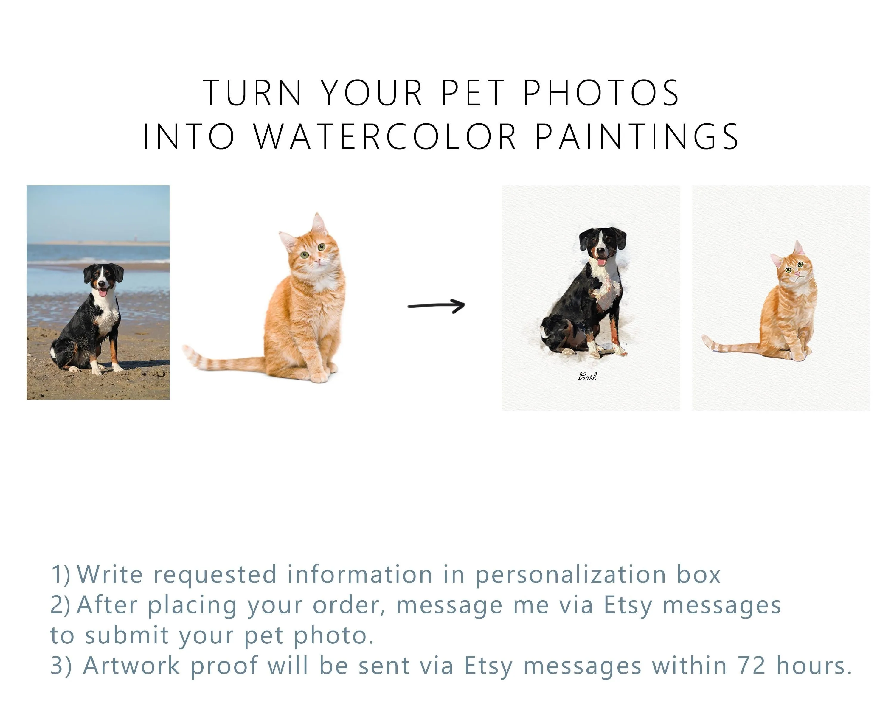 Custom Watercolor Cat Portrait, Pet Memorial, Cat Loss Gift, Cat Lover Gift, Pet Painting