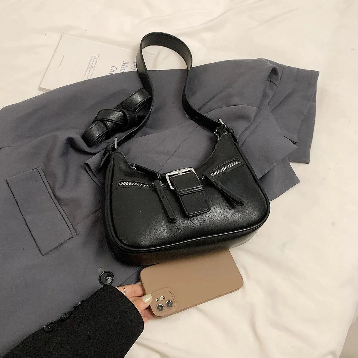 Leather Women Shoulder Bags Zipper Belt Buckle Design Outer Pockets Small Purses