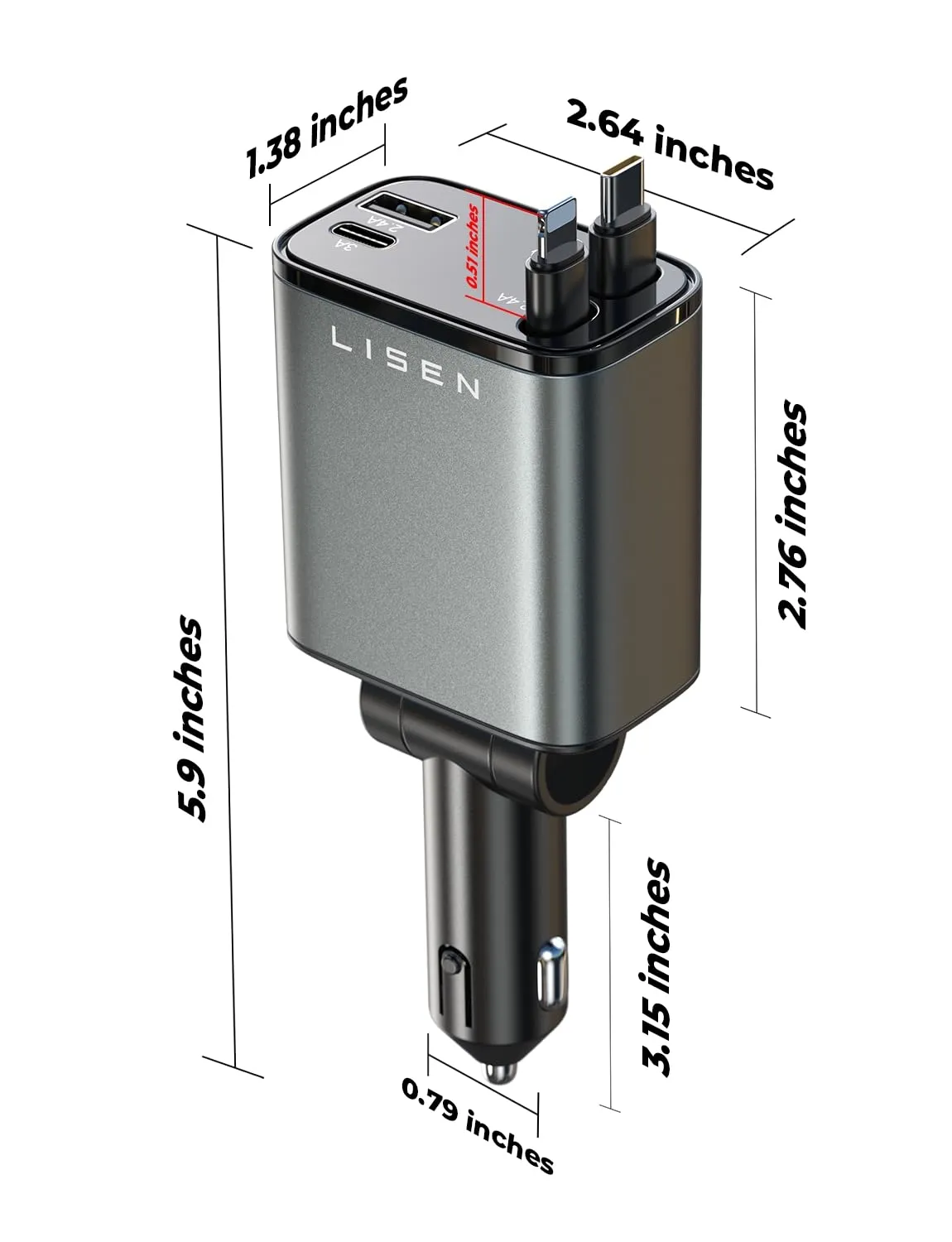 LISEN Retractable Car Charger [69W USB C Car Charger Adapter] for iPhone 16 Car Charger Fast Charging, Travel Essential Gifts for Women Men, Car Accessories USBC Car Charger for iPhone 16 15 14, Gray