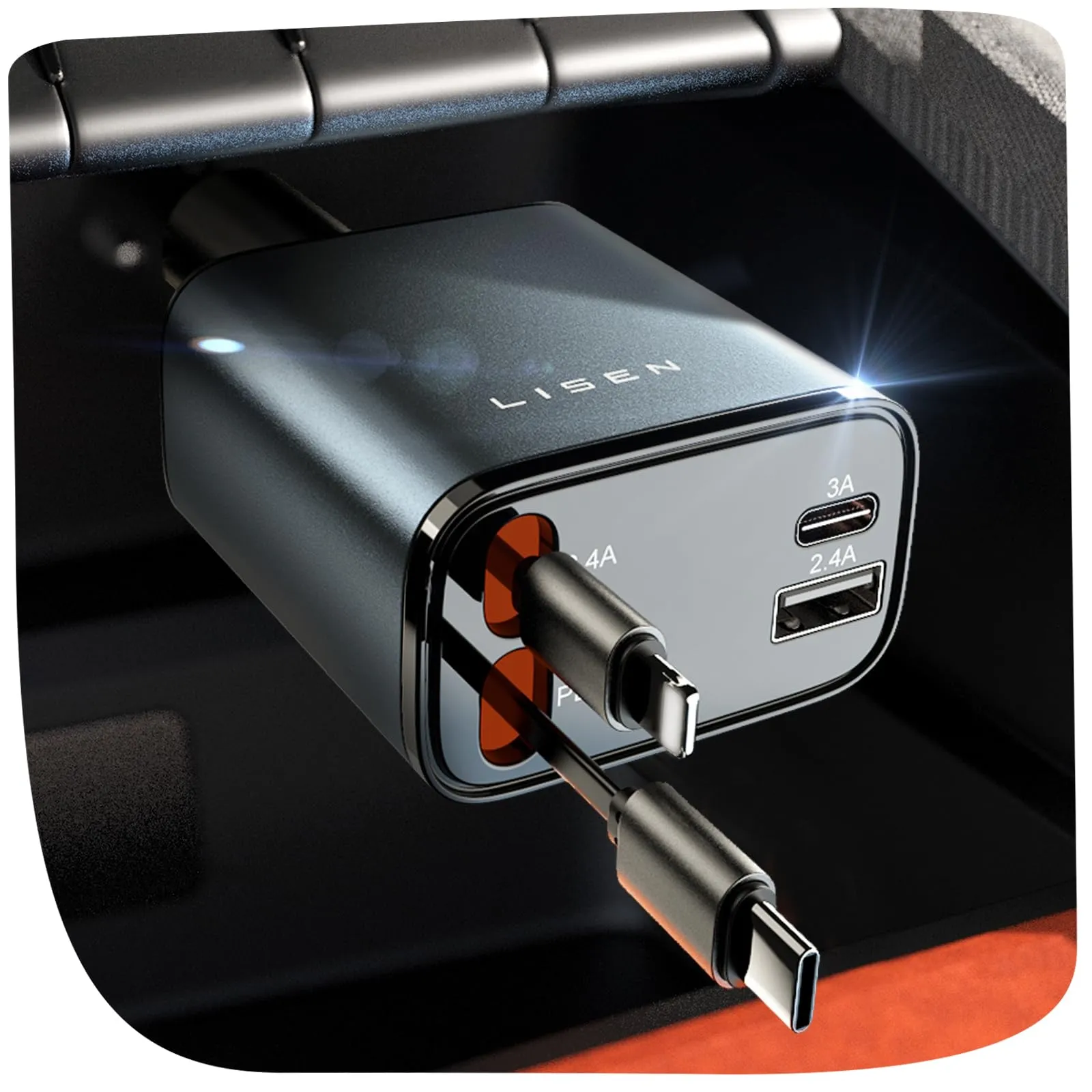 LISEN Retractable Car Charger [69W USB C Car Charger Adapter] for iPhone 16 Car Charger Fast Charging, Travel Essential Gifts for Women Men, Car Accessories USBC Car Charger for iPhone 16 15 14, Gray