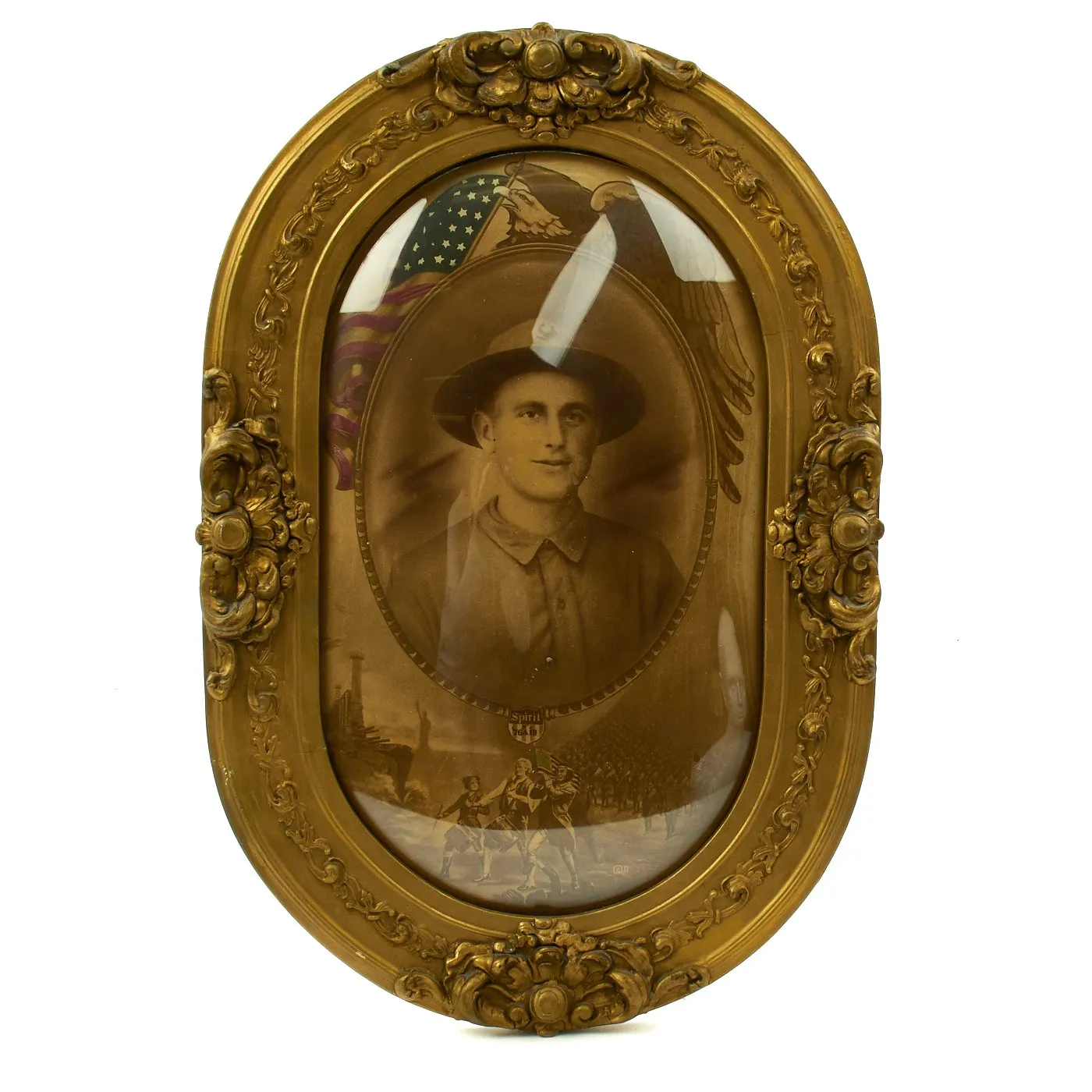 Original U.S. WWI Marine Corps Soldier Patriotic Framed Convex Oval Photo