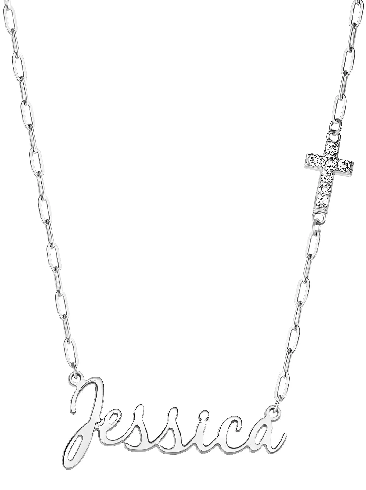 Personalized Necklace with Pav Cubic Zirconia Charm - Silver